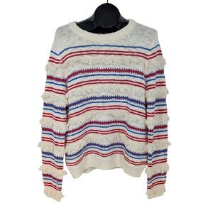 Anthropologie Moth Fringe Knit Sweater Women Size L Striped Pullover Boho Artsy